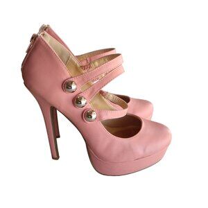 Pink High Heel Platform Pumps With Straps & Silver Button Detailing Size 7
